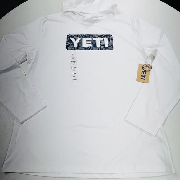 YETI Men’s White Navy Blue Wave Logo Badge Hoodie Long-Sleeve Sunshirt XL NWT - Picture 2 of 6